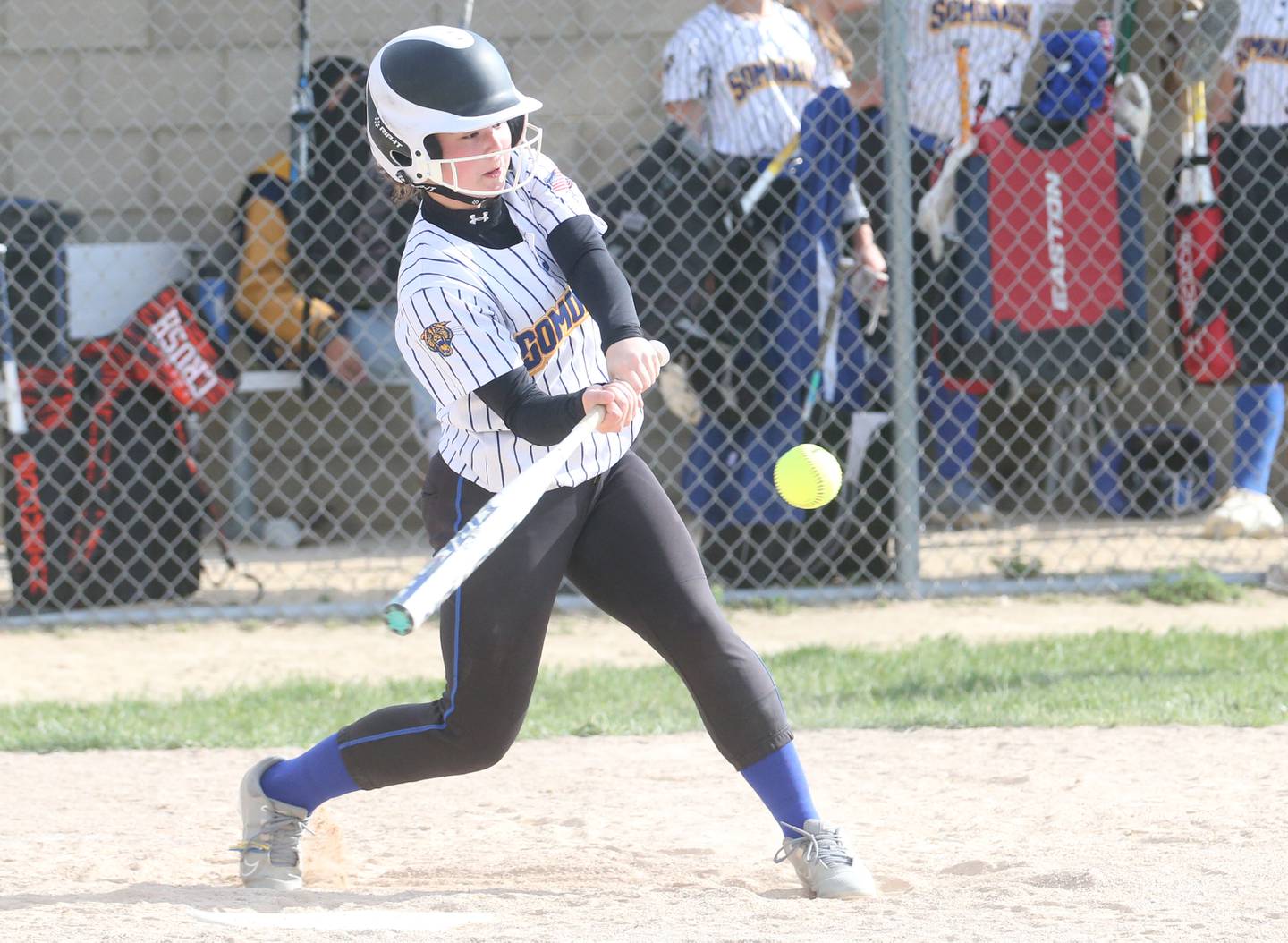 Somonauk/Leland's Maddie LeCuyer drives in two runs with this hit against Mendota during the Class 1A Regional quarterfinal game on Monday, May 19, 2025 at Somonauk High School.