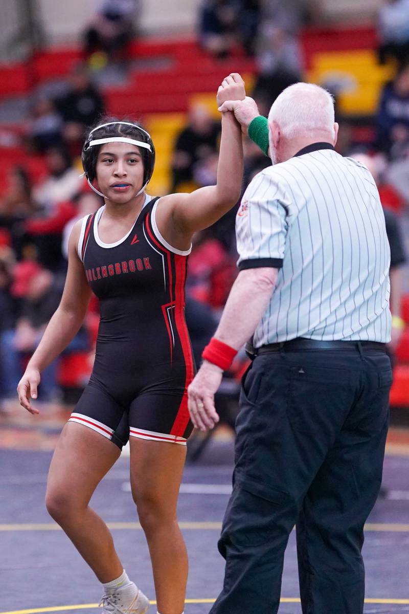 Bolingbrook’s Katie Ramirez-Quinter wins the 135 pound championship match after defeating Elmwood Park’s Rose Craig by a pin in the Schaumburg Girls Wrestling Sectional at Schaumburg High School on Saturday, Feb 10, 2024.