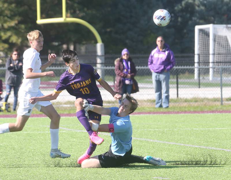Mendota's Johan Cortez kicks the ball past Quincy Notre Dame keeper Max Frericks during the Class 1A Sectional semifinal game on Saturday, Oct. 21, 2023 at Illinois Valley Central High School in Chillicothe.