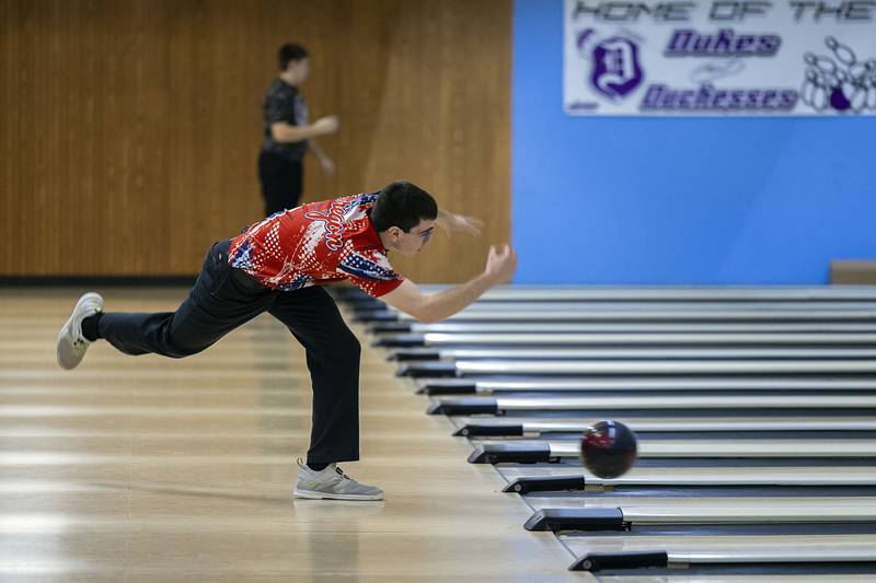 Oregon’s Bryan Immel fires a ball down the lane during regionals Saturday, Jan. 14, 2023 in Dixon.