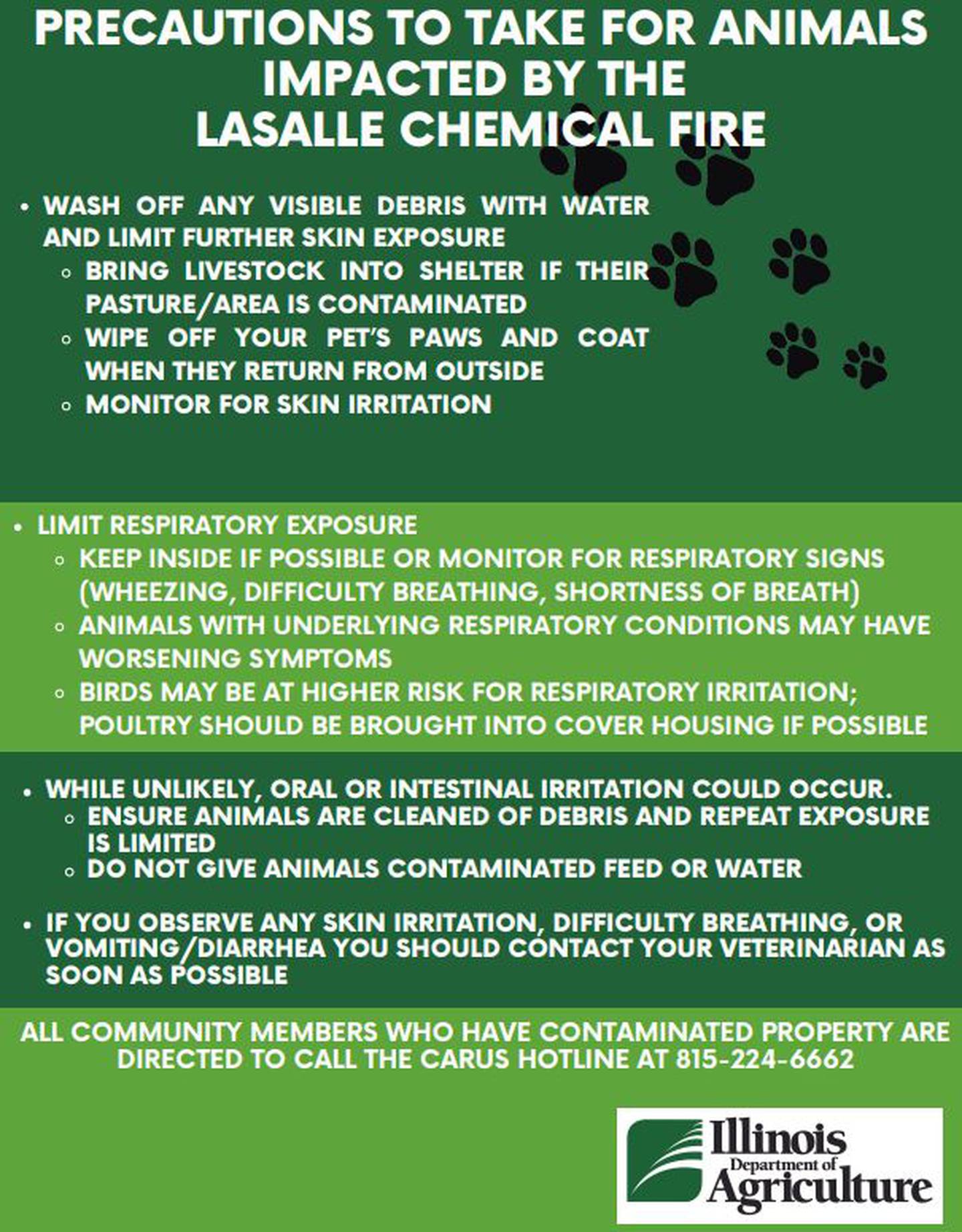 The Illinois Department of Agriculture released information on keeping pets safe following the La Salle chemical fire.
