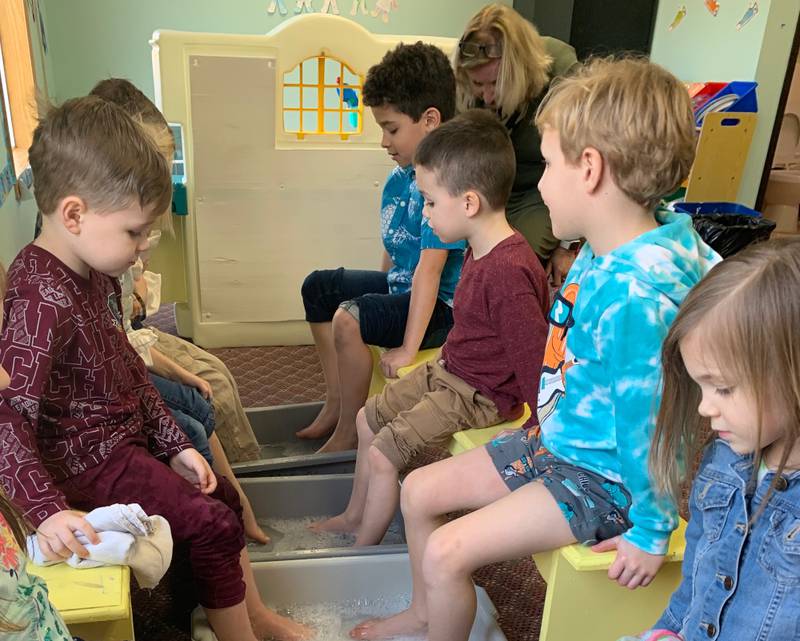 Yorkville Congregational United Church of Christ Sunday School kids have been doing a Lenten study including the story of Jesus washing His disciples’ feet.