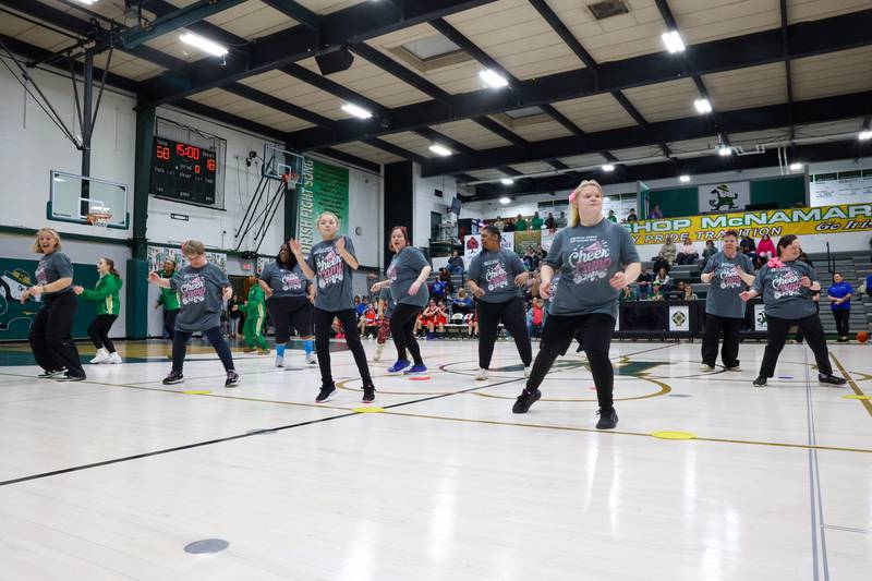 River Valley Special Rec cheerleaders perform at halftime of the RVSRA game against Lincolnway Special Recreation Association at Bishop McNamara on Friday, Jan. 30, 2026.