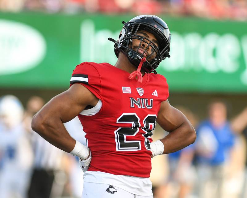 Northern Illinois Huskies defensive end Nevaeh Sanders (28) celebrates during the game on Saturday Sept. 21, 2024, while taking on Buffalo at Huskie Stadium in DeKalb.