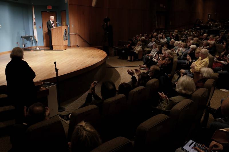 Democratic U.S. Rep. Bill Foster answers a question during a town hall on Wednesday, April 16, 2025, at McHenry County College's Luecht Auditorium in Crystal Lake.
