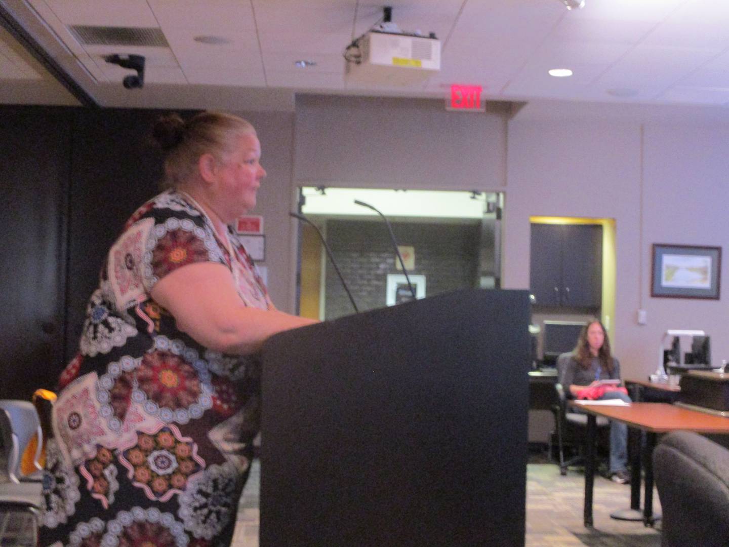 Will County Board Member Janet Diaz, D-Joliet, speaks at a public hearing on local landmark status for the old Will County Courthouse held by the Joliet Historic Preservation Commission on Wednesday, May 25, 2023.