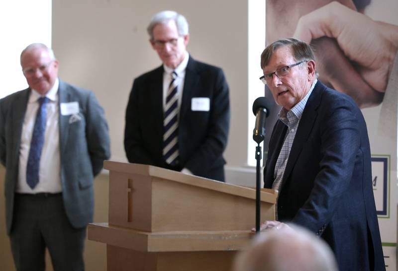Doug Roberts speaks after being recognized as the recipient of the Clifford Danielson Outstanding Citizen Award Thursday, March 5, 2026, during the Sycamore Chamber of Commerce Annual Meeting in Memorial Hall at St. Mary's Catholic Church in Sycamore.