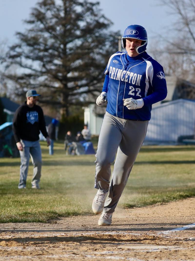 Princeton's Jordan Reinhardt scores a run in the Thursday, March 21 game at Prather Field.
