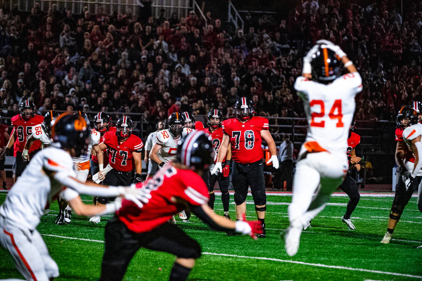 Lincoln-Way West's Jackson Mansker intercepts a pass thrown by Lincoln-Way Central's Michael Kuehl during a game on Friday Sept. 15, 2023 at Lincoln-Way Central High School in New Lenox