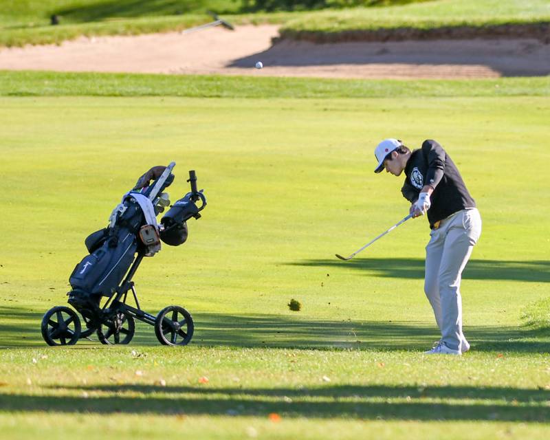 Wheaton Warrenville South's Callan Fahey hits in the fairway on Monday Oct. 7, 2024, during the 3A sectional match held at Blackberry Oaks Golf Course in Bristol.