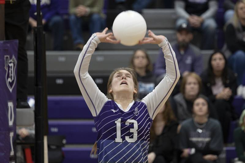 Dixon’s Hanna Lengquist sets the ball Thursday, Oct. 27, 2022 in the volleyball regional final against Galesburg.