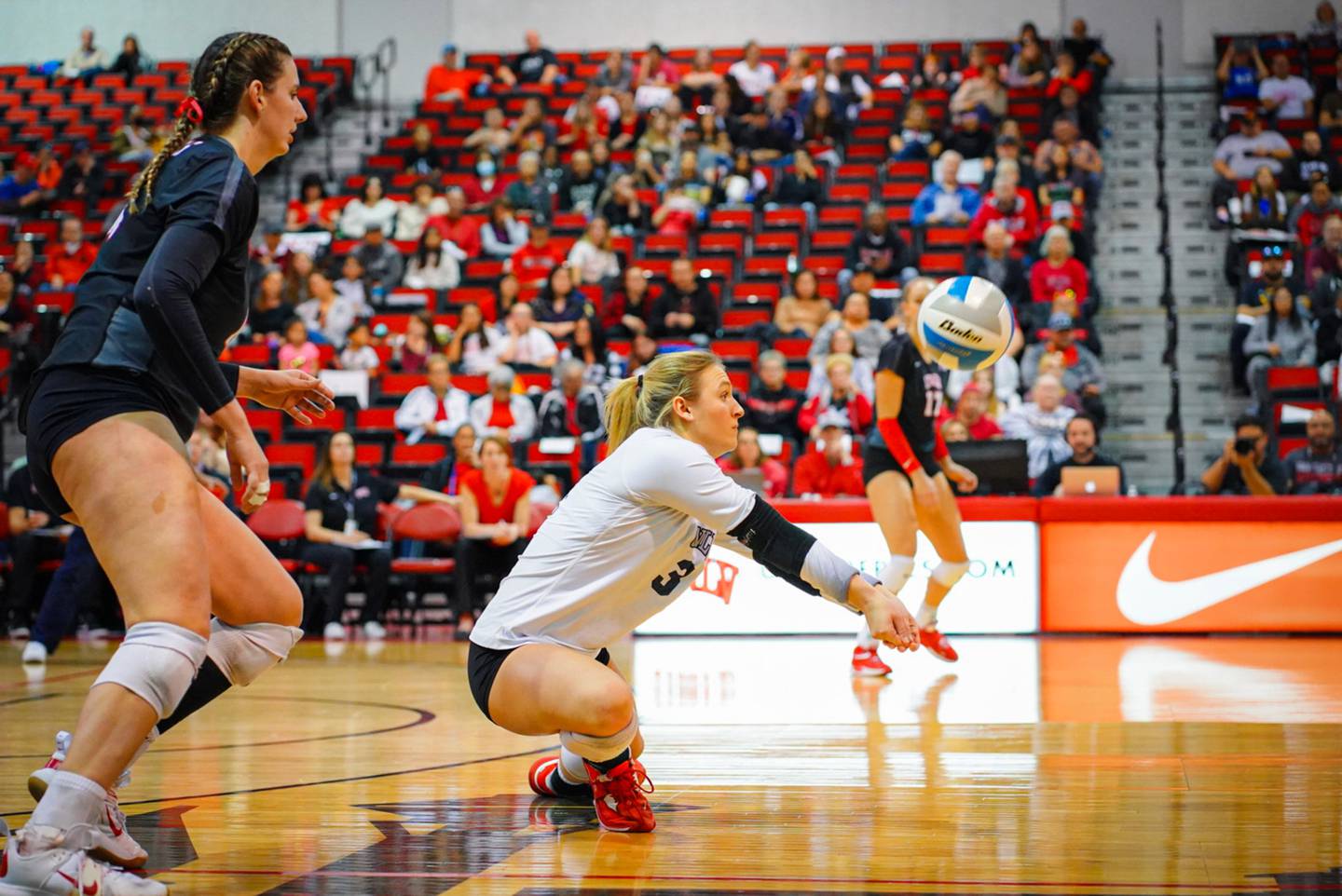 Rock Falls native Maya Sands digs the ball during a UNLV volleyball match at Cox Pavilion in Las Vegas this past season. Sands started all season at libero for UNLV, and is transferring to Missouri for next season.