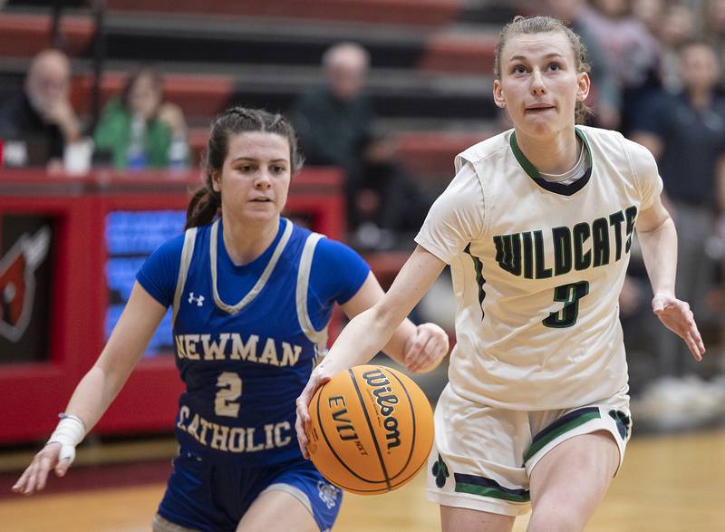 River Ridge’s Kaci Patterson looks to put up a shot against Newman Thursday, Feb. 20, 2025, during the Class 1A girls basketball regional at Forreston.