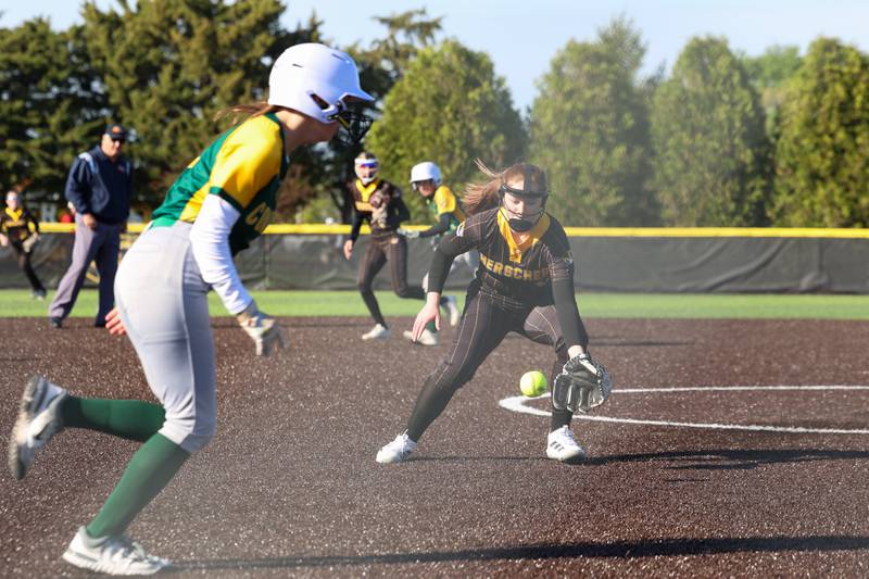 Herscher's Lilly Tucek fields a bunt by Coal City's Sydney Larson during Coal City's 14-10 victory over Herscher on Monday, April 20, 2026.