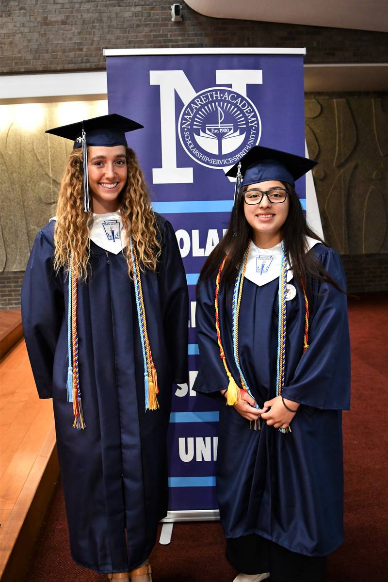 Nazareth Academy honored valedictorian Colette Kinsella (left) of Western Springs and salutatorian Maribel Crespo of Berwyn during the school’s commencement ceremony in La Grange Park on Sunday, May 21, 2023.