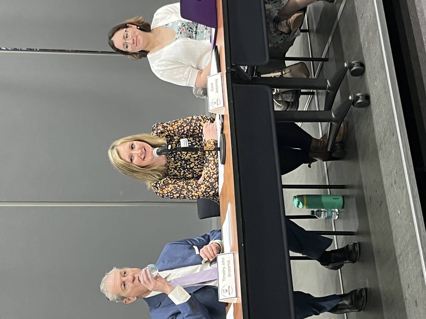 Candidates for Joliet Junior College Board of Trustees (from left) Timothy John Broderick, Elaine Bottomley and Nancy Garcia appear at a forum at the Joliet campus on Tuesday , March 4, 2025.