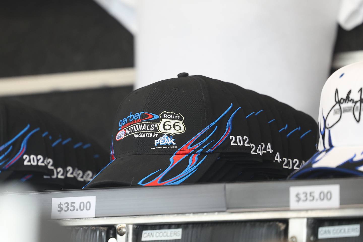 Merchandise is set up for this weekend’s NHRA Route 66 Nationals at Chicagoland Speedway on Thursday, May 16, 2024 in Joliet.
