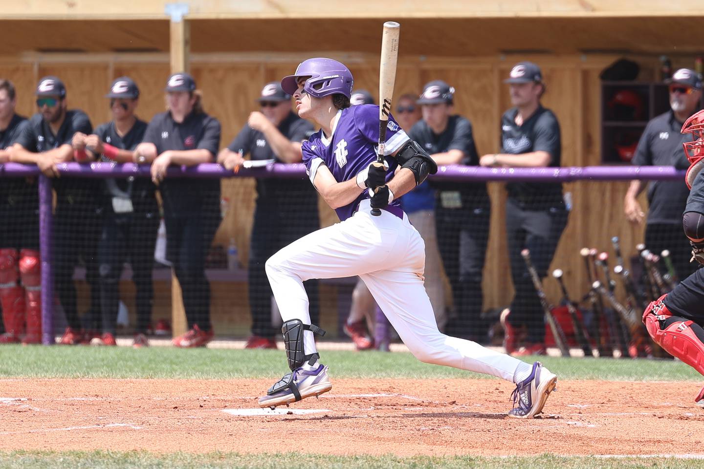 JJC’s Sebastian Biggs connects against Owens (OH) in game three of the NJCAA Division III District Championships at Joliet Junior College on Friday, May 19, 2023, in Joliet.
