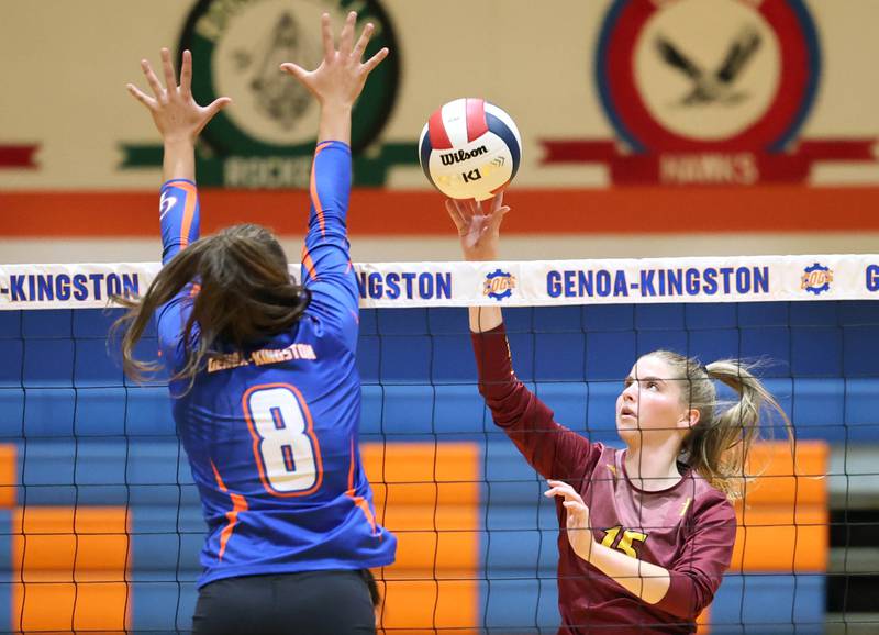 Montini's Sienna Skarda tries to tip the ball by Genoa-Kingston's Alivia Keegan during their match Tuesday, Sep. 5, 2023, at Genoa-Kingston High School.