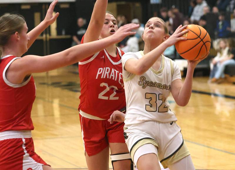 Sycamore's Quinn Carrier drives against Ottawa's Hailey Larsen (left) and Marlie Orlandi during their game Friday, Jan. 10, 2025, at Sycamore High School.