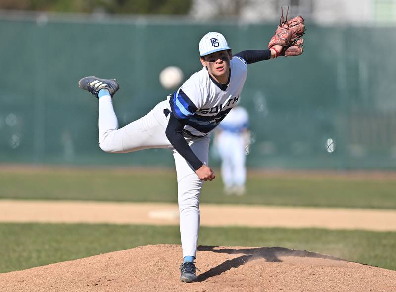 Plainfield South's pitcher throws a pitch during the conference game against Plainfield North on Friday, April. 12, 2024, at Plainfield.