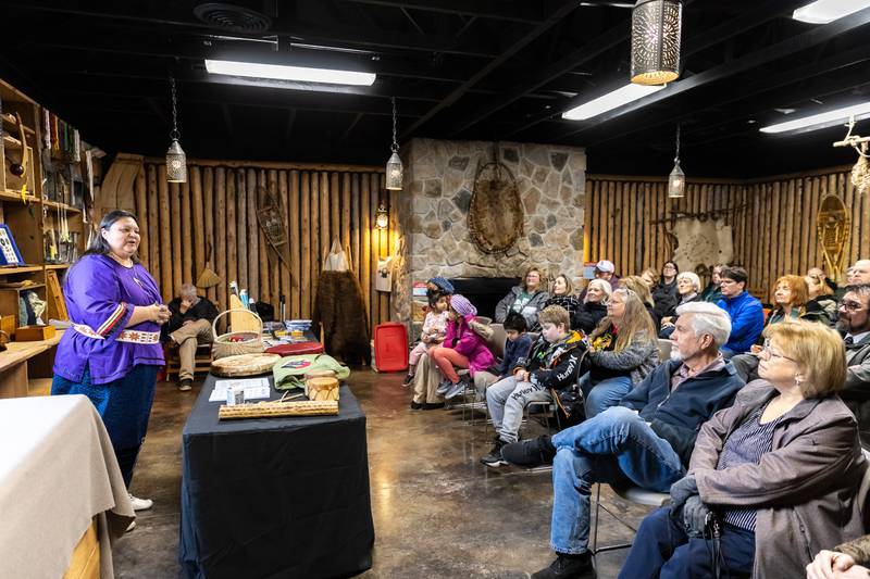 Award-winning Ojibwa author Kim Sigafus explores the impact of the Declaration of Independence on Native people during the We, the Native People presentation at the Isle a la Cache Museum in Romeoville on March 14, 2026.