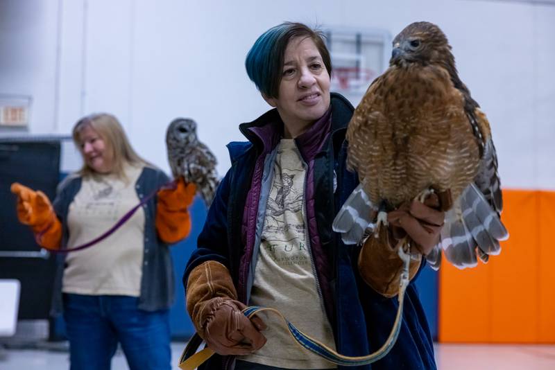 Laura Sviatko (front) and Vicki Giambrone (back) present a Red Shouldered Hawk and a Barred Owl during a wildlife presentation on January 24, 2026 at Utica Village Hall.