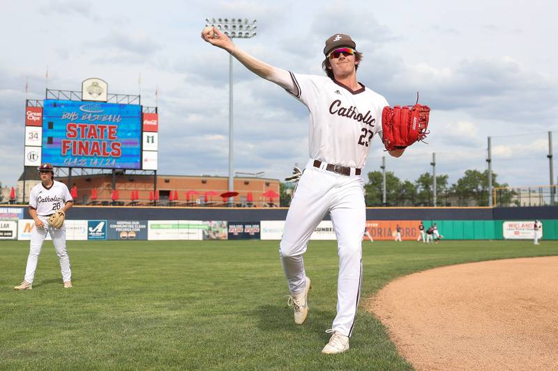 Joliet Catholic’s Trey Swiderski warms up before the game against Richmond-Burton in the IHSA Class 2A championship game. Saturday, June 4, 2022 in Peoria.