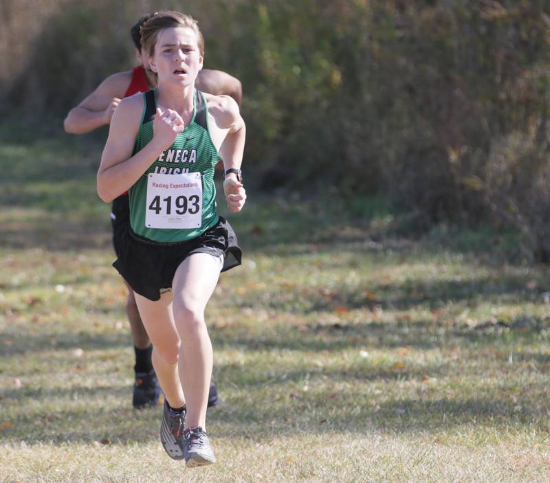Seneca's Connor Pabian runs in the Class 1A Regional Cross Country boys race on Saturday, Oct. 22, 2022 at the Seneca FFA Farm in Marseilles.