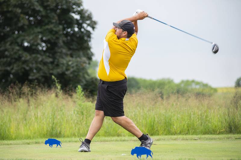 Trevor Sisson tees off on #10 to start the second round Sunday, July 17, 2022 of the Lincoln Highway golf tournament at Prairie View Golf Club in Byron.