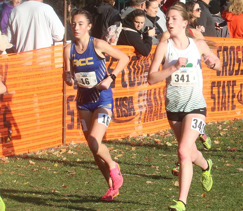 Aurora Central Catholic's Cecilia Hilby and Seneca's Evelyn O'Conor compete in the Class 1A Cross Country Finals on Saturday, Nov. 4, 2023 at Detweiller Park in Peoria.
