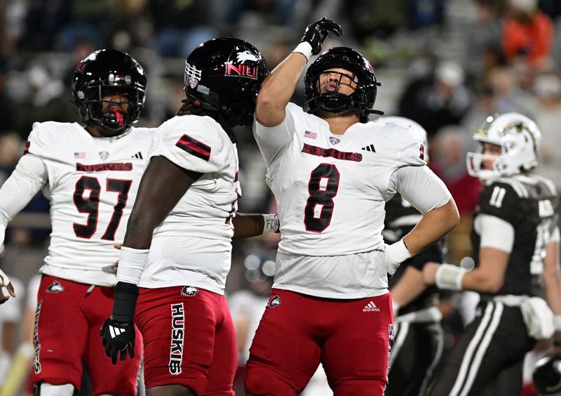 Devonte O'Malley celebrates a sack in NIU's game against Western Michigan on Wednesday, November 6, 2024 in Kalamazoo, Michigan.