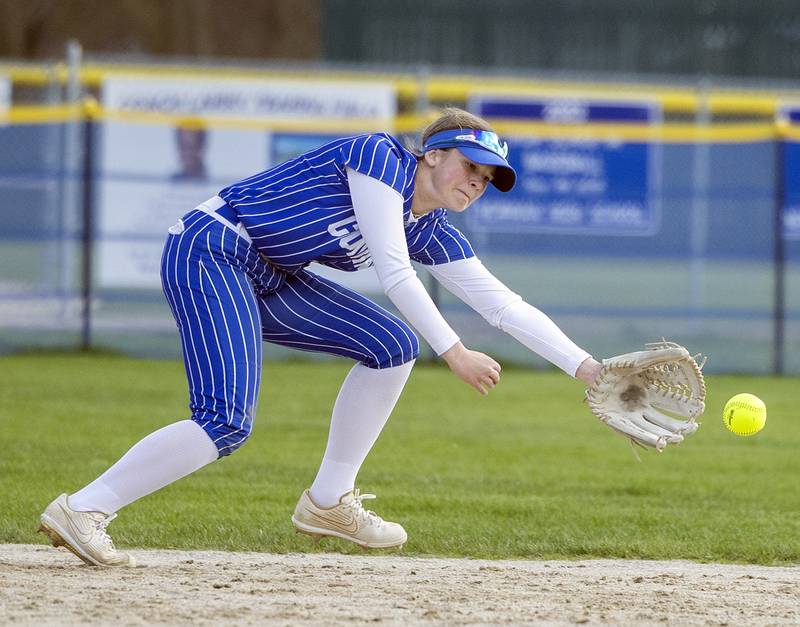 Newman’s Lucy Oetting is just out of reach for a hit up the middle against Hall Monday, April, 21, 2025.