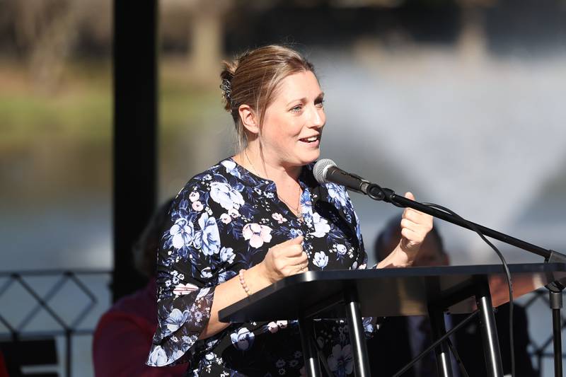 State Senator Rachel Ventura speaks at the rededication of the Gardens and Arbors along North 129th Infantry Drive on Tuesday, Oct. 8, 2024 in Joliet.