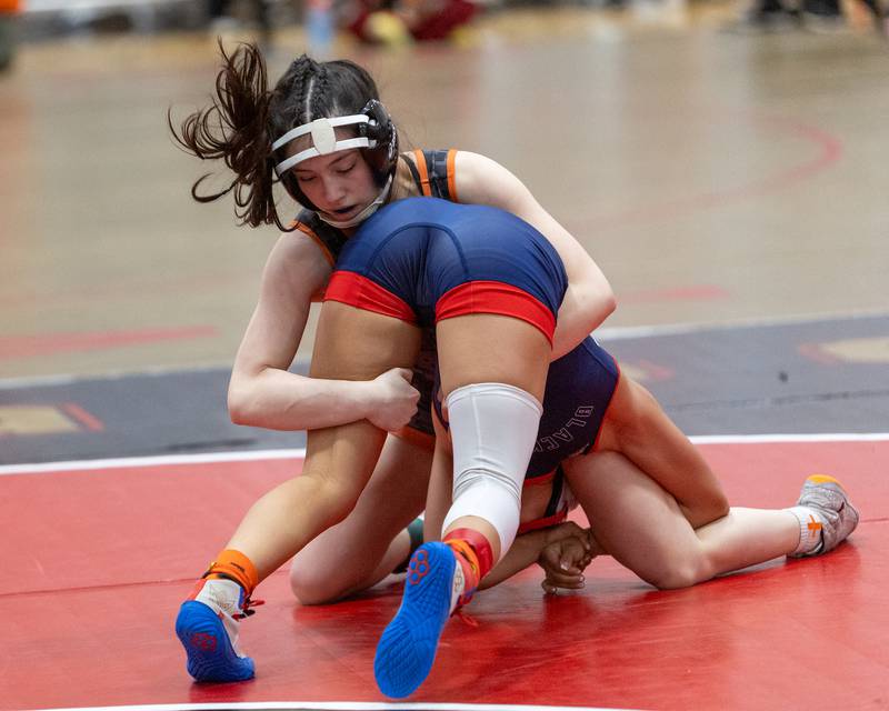 St. Charles East's Sydney Stieb competes with West Aurora's Ruby Bolanos-Carbajal in the 105 lb class at the Batavia Girl's Invitational on Friday, Jan. 16,2026 in Batavia.