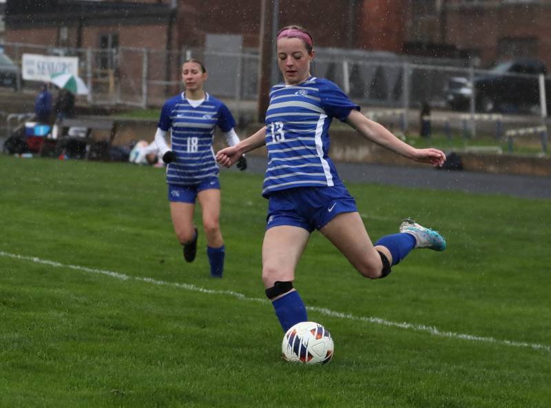 Princeton's Bella Clevenger winds up for a kick against Sterling Thursday at Bryant Field. The Tigresses won 3-1.