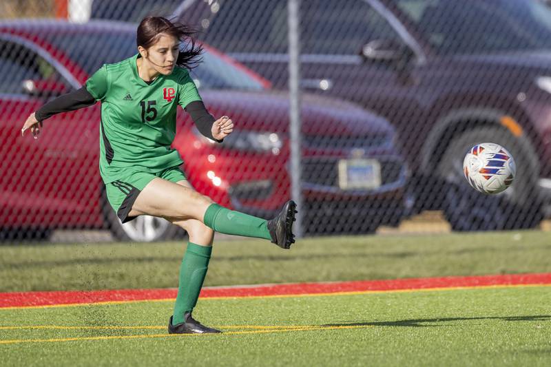 Driana Boren of LaSalle-Peru High School clears the ball from close to the goal during the match against Ottawa High School on April 10, 2025 at the LaSalle-Peru Sports Complex.