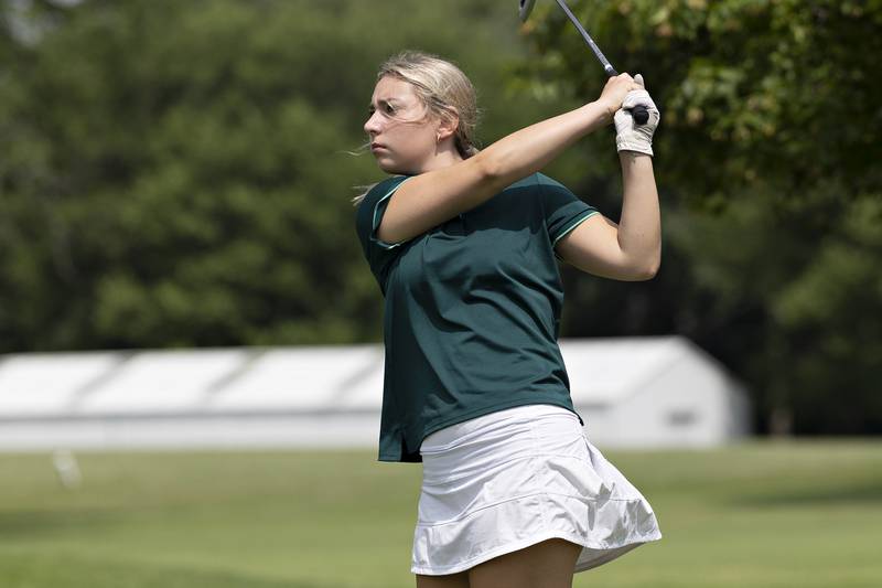 Reese Dambman of Timber Creek drives on #5 Friday, July 11, 2025, during the 102nd annual Ladies Lincoln Highway golf tournament at Timber Creek Golf Club in Dixon.