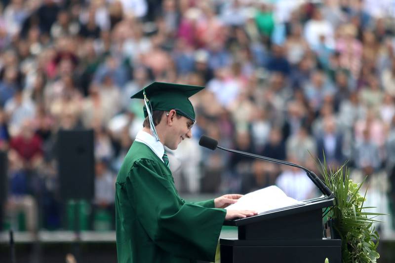 Elijah Badeaux delivers his address “My Time At York” during graduation at York High School in Elmhurst on Sunday, May 18, 2025.