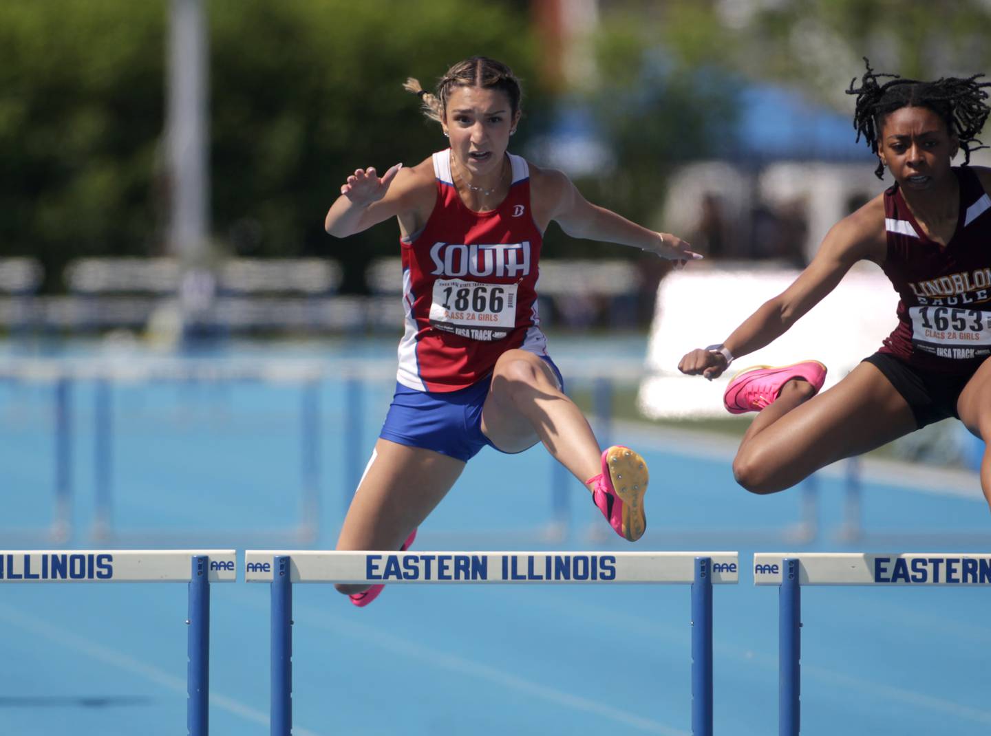 Gianna Huerta of Glenbard South competes in the 2A 300-meter hurles during the IHSA State Track and Field Finals at Eastern Illinois University in Charleston on Saturday, May 20, 2023.