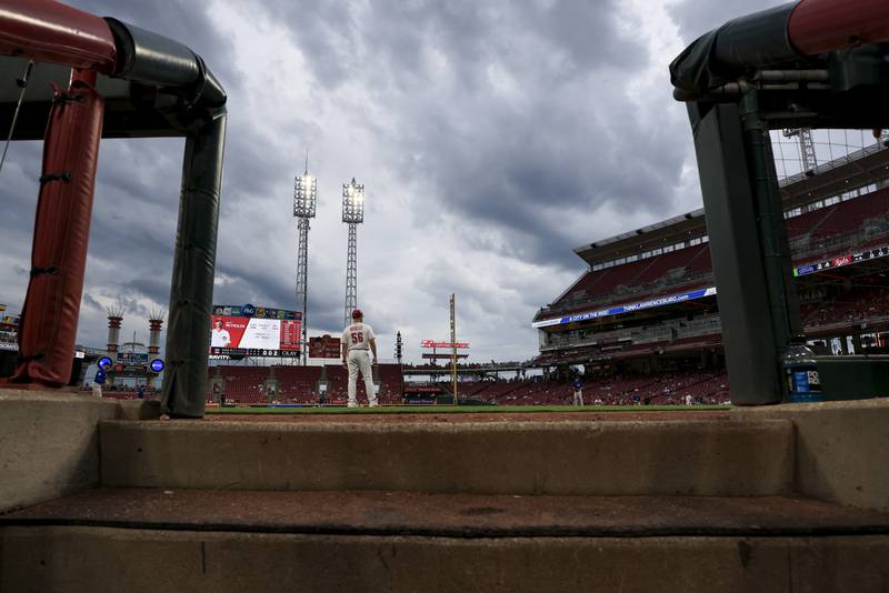 Clouds are seen over Great American Ballpark during the fourth inning of a baseball game between the Chicago Cubs and the Cincinnati Reds in Cincinnati, Wednesday, May 25, 2022. (AP Photo/Aaron Doster)