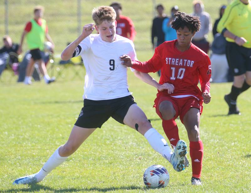 Galesburg's Ryan Tapper beats Streator's Carlos Cueto to the ball during the Class 2A Regional final on Saturday, Oct. 26, 2024 at Ottawa High School.