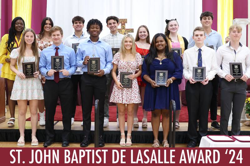 Montini Catholic High School congratulated its 2024 St. John the Baptist De La Salle Award recipients during its Founder’s Day ceremony on Friday, May 17. Pictured (front L to R): Riley White, Rory O'Connor, Jaylen Howery, Ella Herrmann, Skye Houston, Zander Montgomery, Sam Hemmersmeier, (back L to R): Trinity Smith, Isabella Gatto, Ruben Galvan, Hugh Flannery, Marin Ferris, Colleen Considine, Dominic Catalan