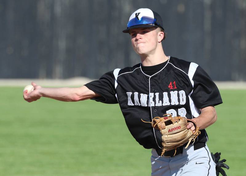 Kaneland's Colton Ludwig throws the ball to first Tuesday, April 28, 2026, during their game against Sycamore at the Sycamore Community Sports Complex.