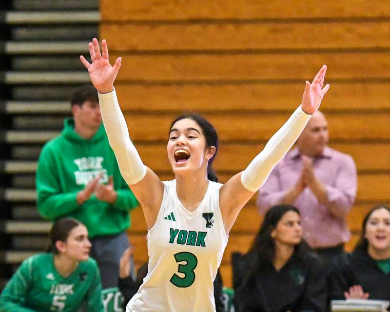 York's Emma Braathen (3) celebrates a point during the regional title game while taking on Lyons Township on Thursday Oct. 30, 2025, held at York High School.