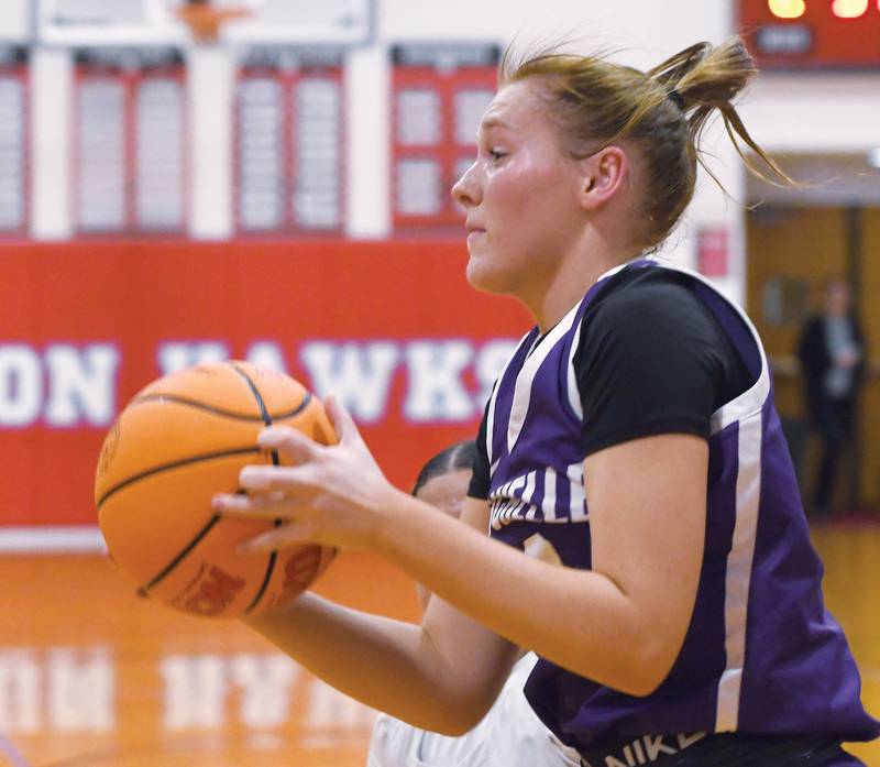 Rochelle's Reese Kissack (13) rebounds against Genoa-Kingston at the Oregon Girls Tip-Off Tournament on Wednesday, Nov. 19, 2025  in Oregon.