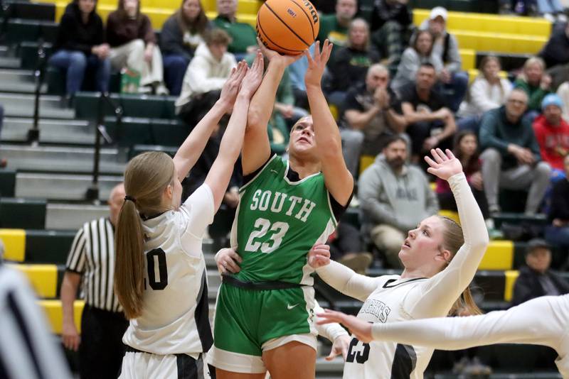 Crystal Lake South’s Laken LePage shoots against Kaneland in IHSA Class 3A Regional Title Game girls basketball action on Friday, Feb. 21, 2025, at Crystal Lake South High School in Crystal Lake.