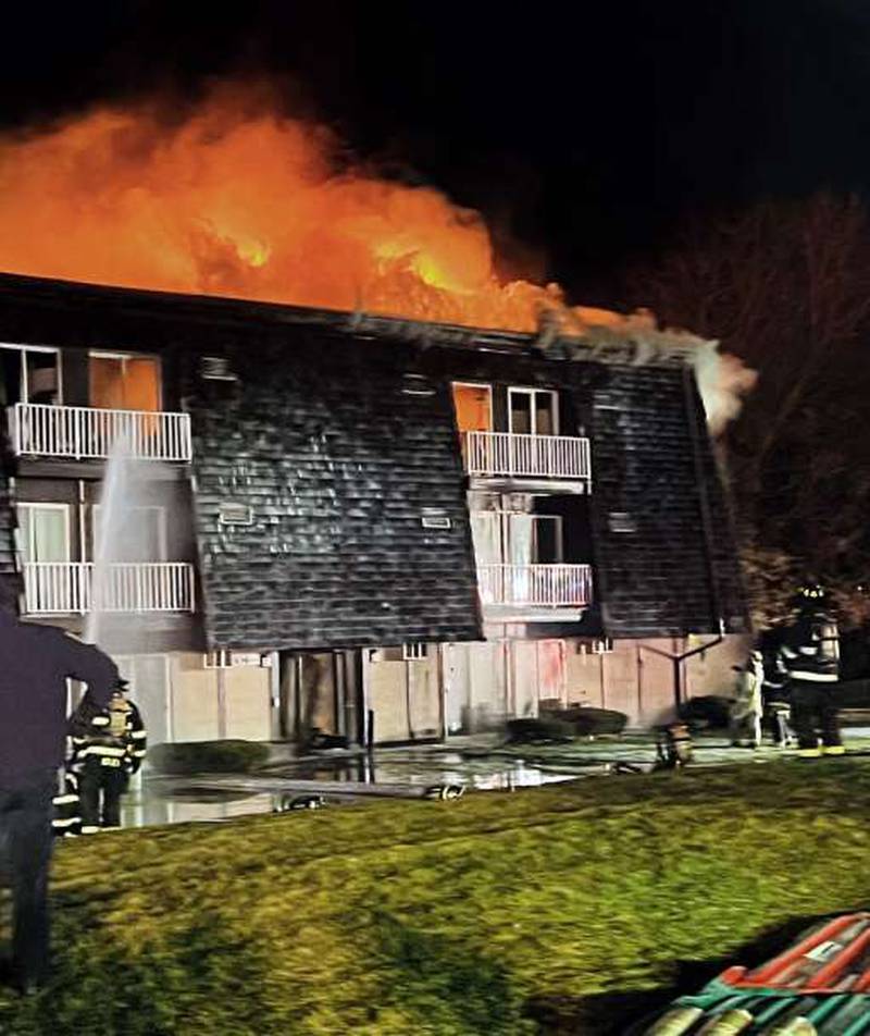 Firefighters battled a large blaze at the Carpentersville apartment complex in the 100 block of Meadowdale Court in the early morning hours of Nov. 29, 2025.