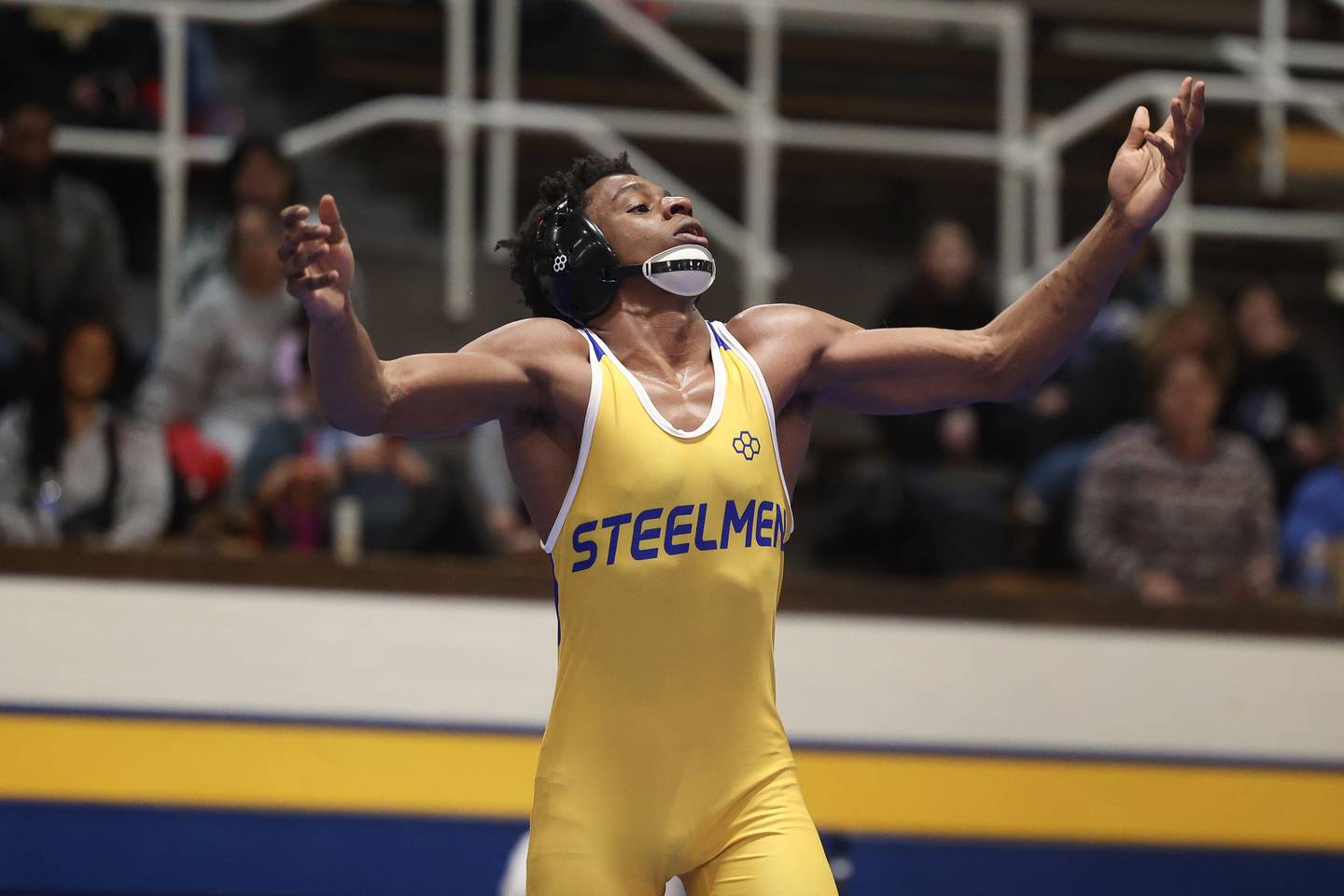 Joliet Central’s Mark Bew celebrates a win over Joliet West’s Tristan Radeke in the 165-pound weight match at Joliet Central on Friday, Jan 31, 2025.