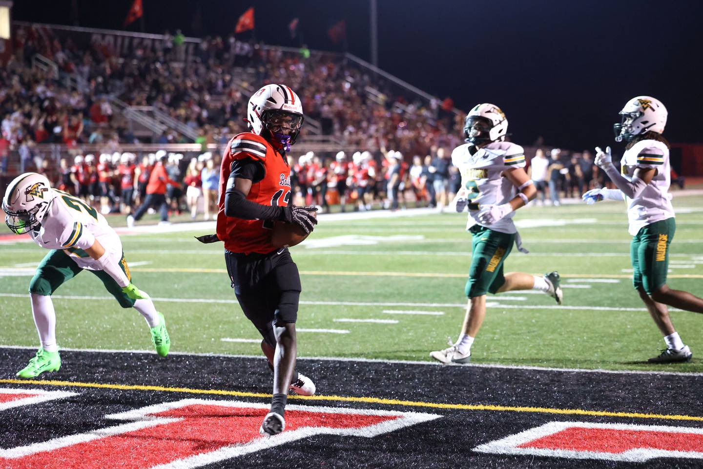 Bradley-Bourbonnais' LyZale Edmon runs in a touchdown during the Boilermakers' 35-6 victory over Waubonsie Valley Friday, Sept. 12, 2025.